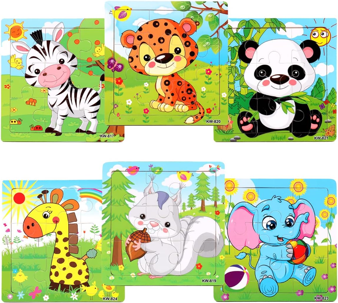 IBAMA 6PCS of Environmental Protection Wooden Frame Jigsaw for Kids with Base Map Wooden Early Education Puzzle Toy Animal Puzzle