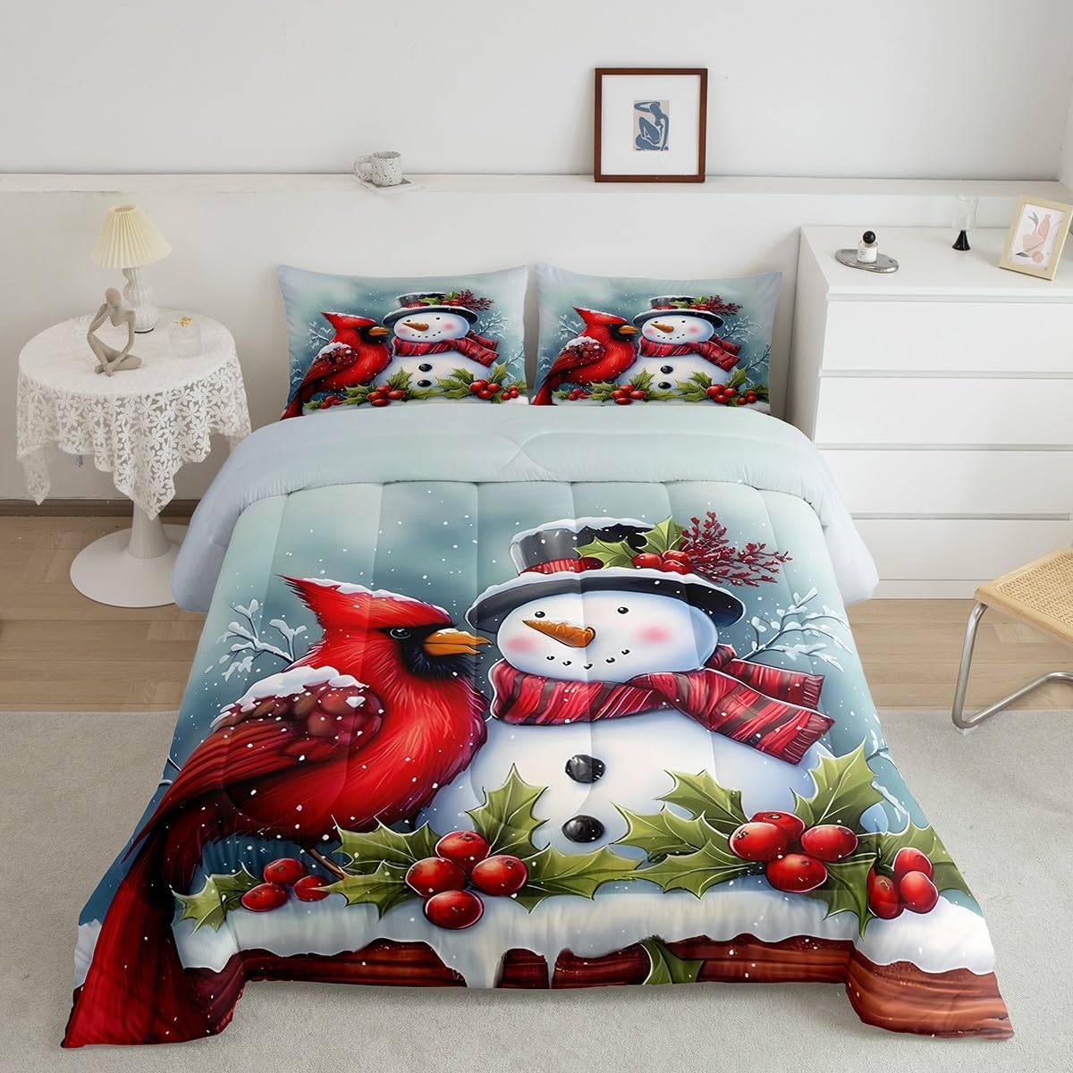 Feelyou Merry Christmas Bedding Set Queen Size Xmas Cute Snowmen Comforter Set for Kids Boys Girls Adult Parrot Bird Duvet Set Red Grey Quilt Set 3Pcs