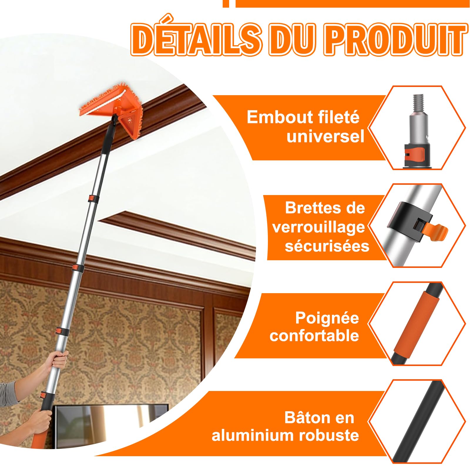 LAANPOLE Plumeau Poussiere avec 6m Perche Telescopique, Nettoyeur de Murs et Plafond, Tete de Loup de Ventilateur de Plafond, 2-en-1 Raclette Vitre Professionnel