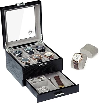 Slege Watch Box Wooden,2-Tier Mens Watch Case 6 Slot,Watch Storage Box with Glass Lid,Watch Organizer,Wood Watch Stand,Watch Holder Display Case,Mens Jewellery Box,Watch Pillows,for Men Women Gift