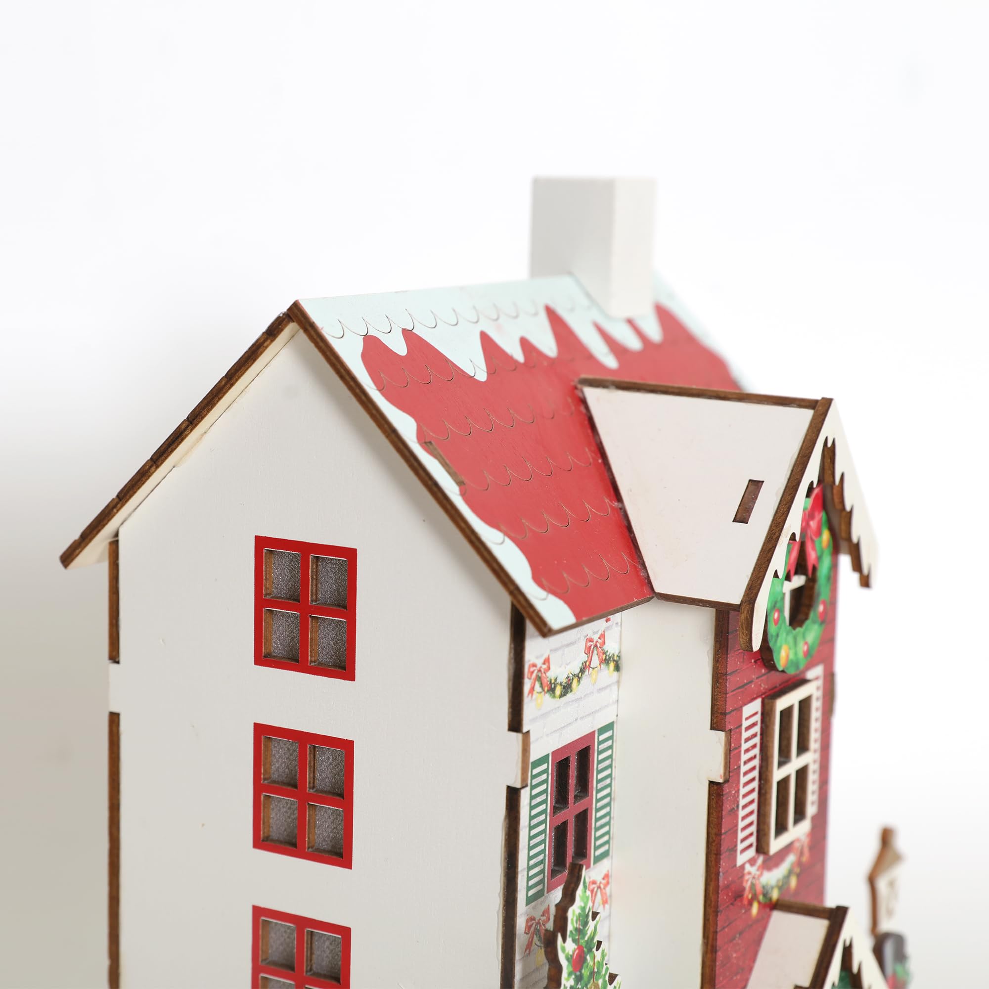 PE Maison de Noël Lumineuse Bois LED, 23.5cm Décoration Cheminée Ambiance, Fonctionne à Piles Figurine Village Hivernal, Cadeau de Noël (Piles Non Fournies).