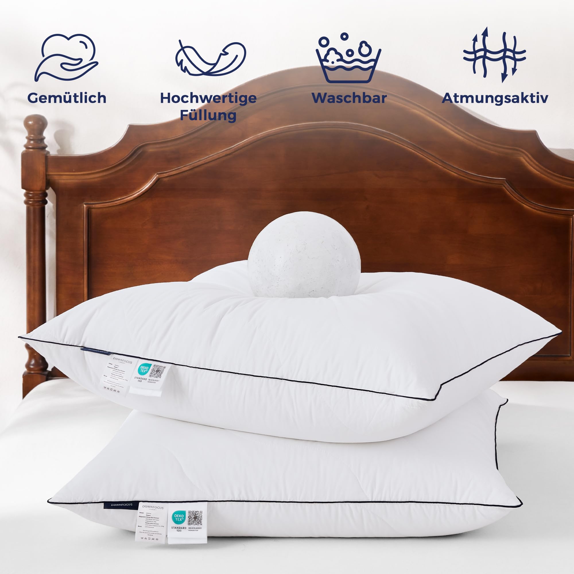 Kopfkissen Gänsefederkissen,Kissen mit Gänsefederfüllung, Ergonomisch optimiert Nackenstützkissen, 80X80cm Kissen 2er Set mit Bezug aus 100% Baumwolle Extra-Baumwollfüllung