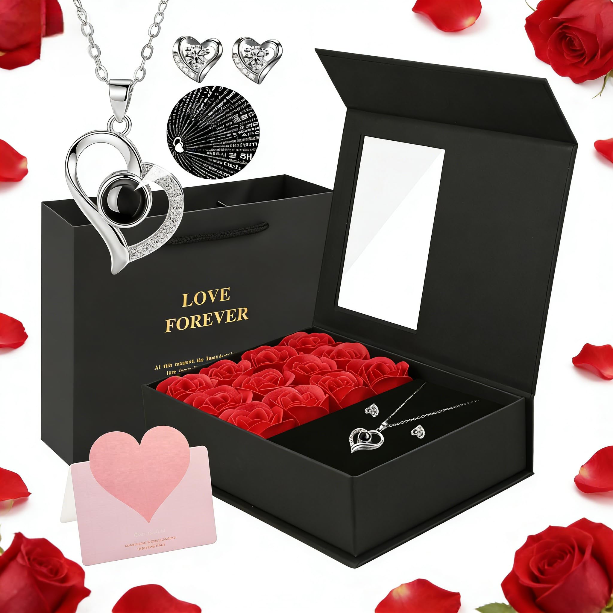 Preserved Rose Gifts for Her/Mum/Wife, 12 Rose Jewelry Box with I Love You Necklace in 100 Language Necklace & Heart Earrings, Romantic Gifts for Women on Valentine's Day Mothers Day Anniversary