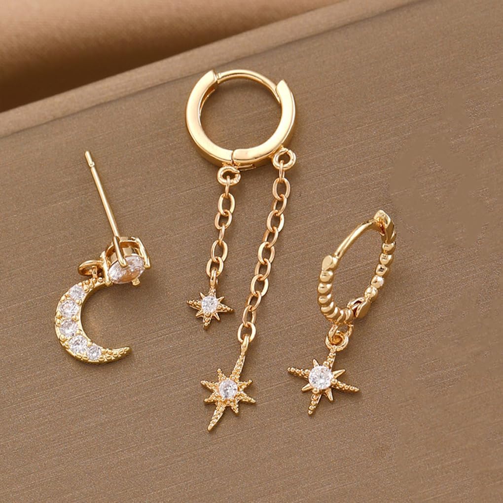 3Pcs Gold Crystal Moon Star Earrings Set for Women Dainty Silver Stars Chain Pierced Earring Stack Three Holes Earrings Prom Jewelry Accessories - Image 7