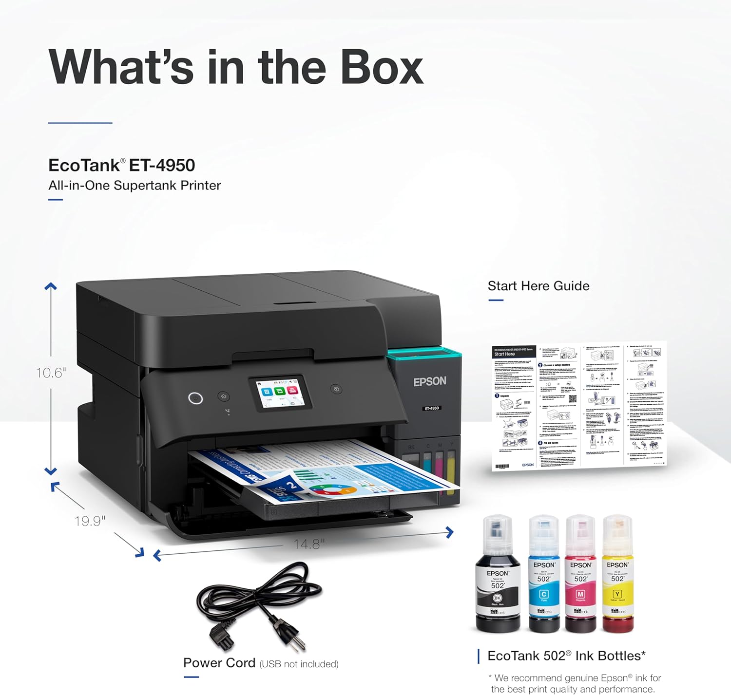 Epson EcoTank ET-4950 Wireless All-in-One Color Supertank Printer with up to 3 Years of Ink, Refillable Tanks, Perfect for Home, 18 PPM, 2.4
