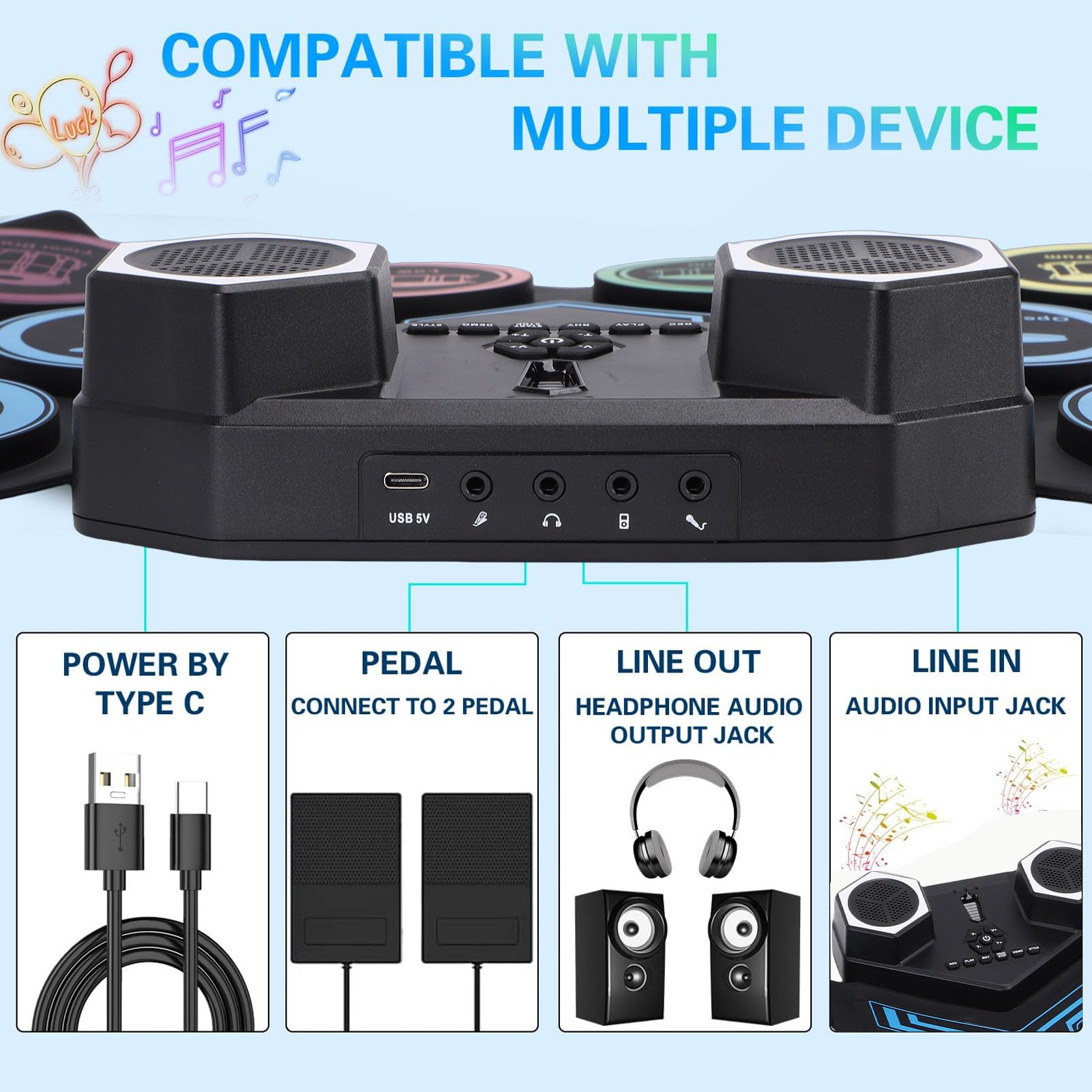 Generic Set di Batteria Elettronica Portatile Arrotolabile con Pad in Silicone e Funzione MIDI per Adolescenti e Adulti, Design Leggero