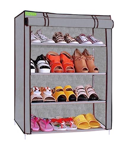 FLIPZON Multipurpose 4-Tiers Shoe Rack with Dustproof Zip Cover, Multiuse Wide Space Storage Rack made by Non Woven Fabric for footwear, Toys, clothes (4 Shelves) (Grey)