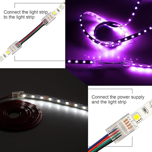 Miniatura 6 de Paquete de 40 conectores de tira LED de 4 pines, conectores LED de 0.394 pulgadas para tira de luces, conector de tira LED a cable, clips RGB sin