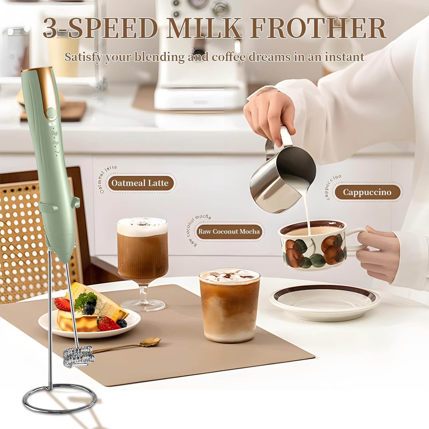 Milk frother rechargeable,milk frother wand handheld rechargeable electric whisk with 2 heads coffee drink mixer,frother with stand(green)