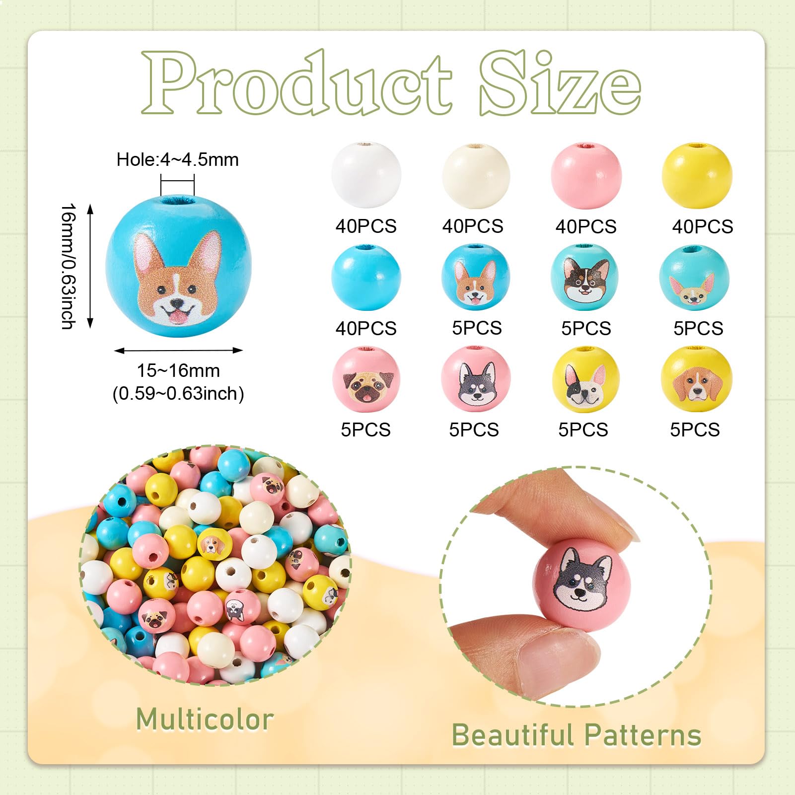 Crafans 235Pcs Dog Theme Wood Beads, 16mm Round Large Hole, Cute Dog Patterns, Natural Wood - Image 4