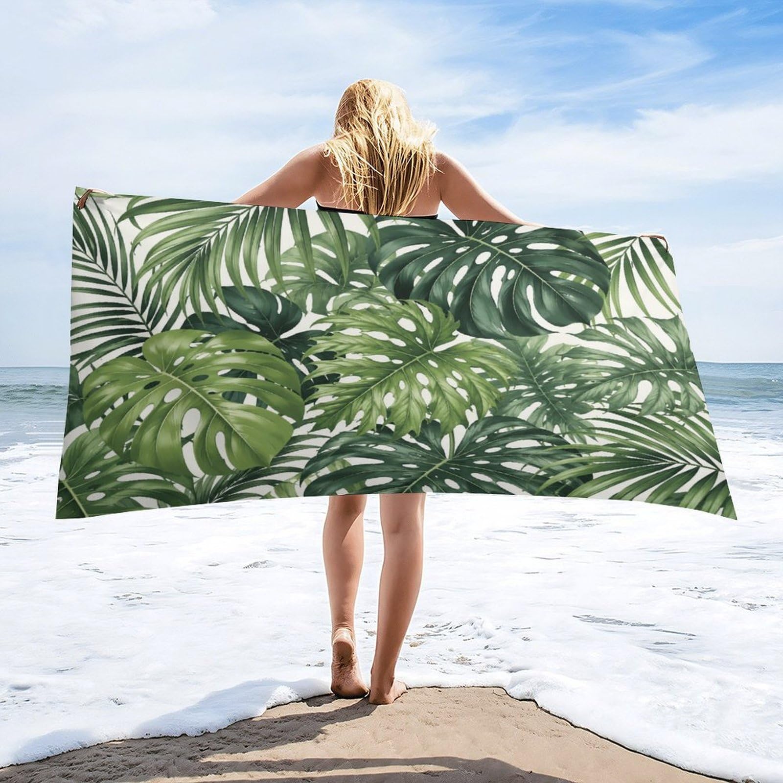 Anceky Tropical Leaves Green Palm Beach Towel 32"×63",Soft Microfiber Bath Towel Shawl, Quick Dry Absorbent Pool Spa Gym Shower Towel
