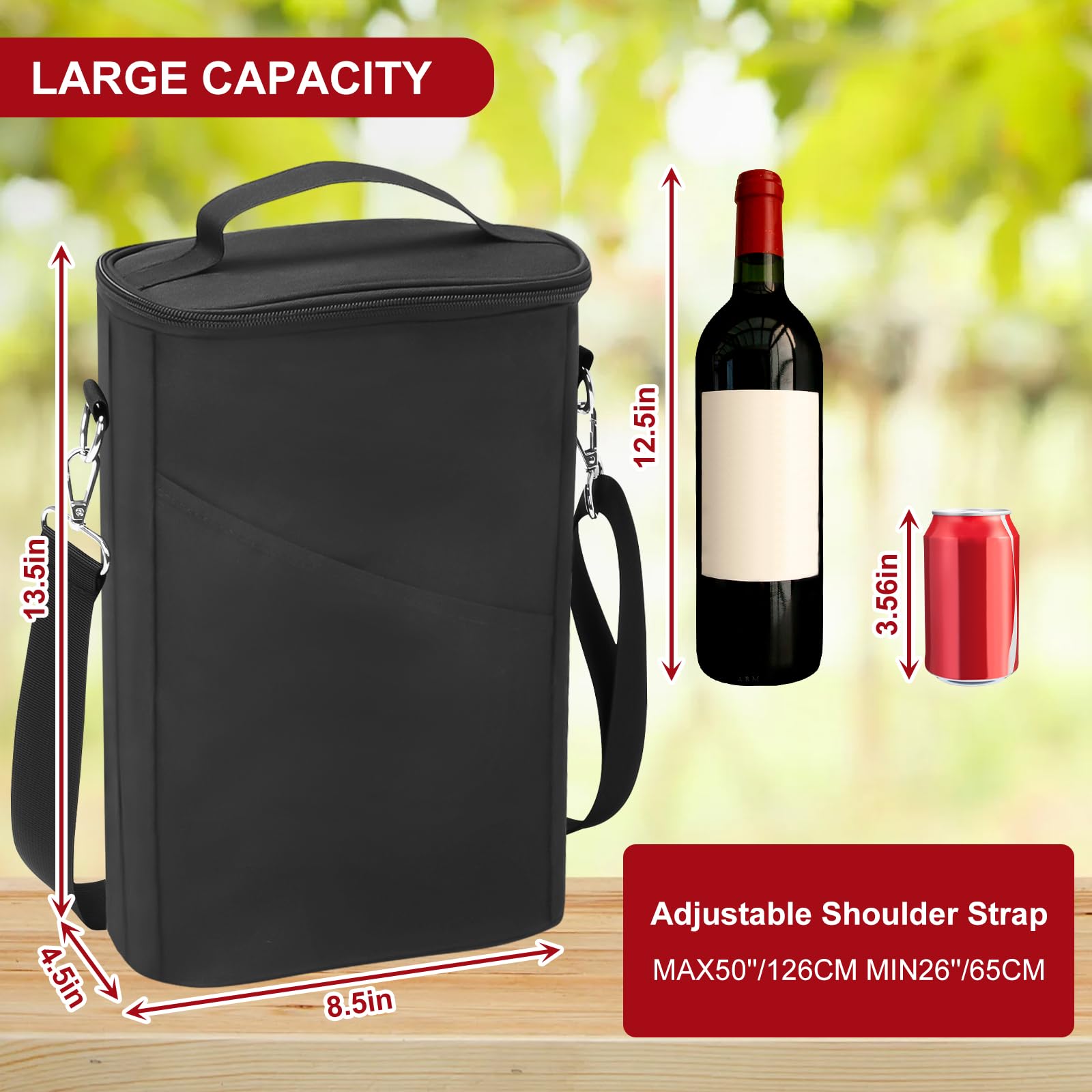Sac Isotherme pour Bouteilles, Sac à Vin, Pochette de Bouteille avec Bandoulière Réglable, Sacs Isotherme et Étanche pour Voyage, Pique-Nique, Fête, Dégustation de Vin,2 Cabines
