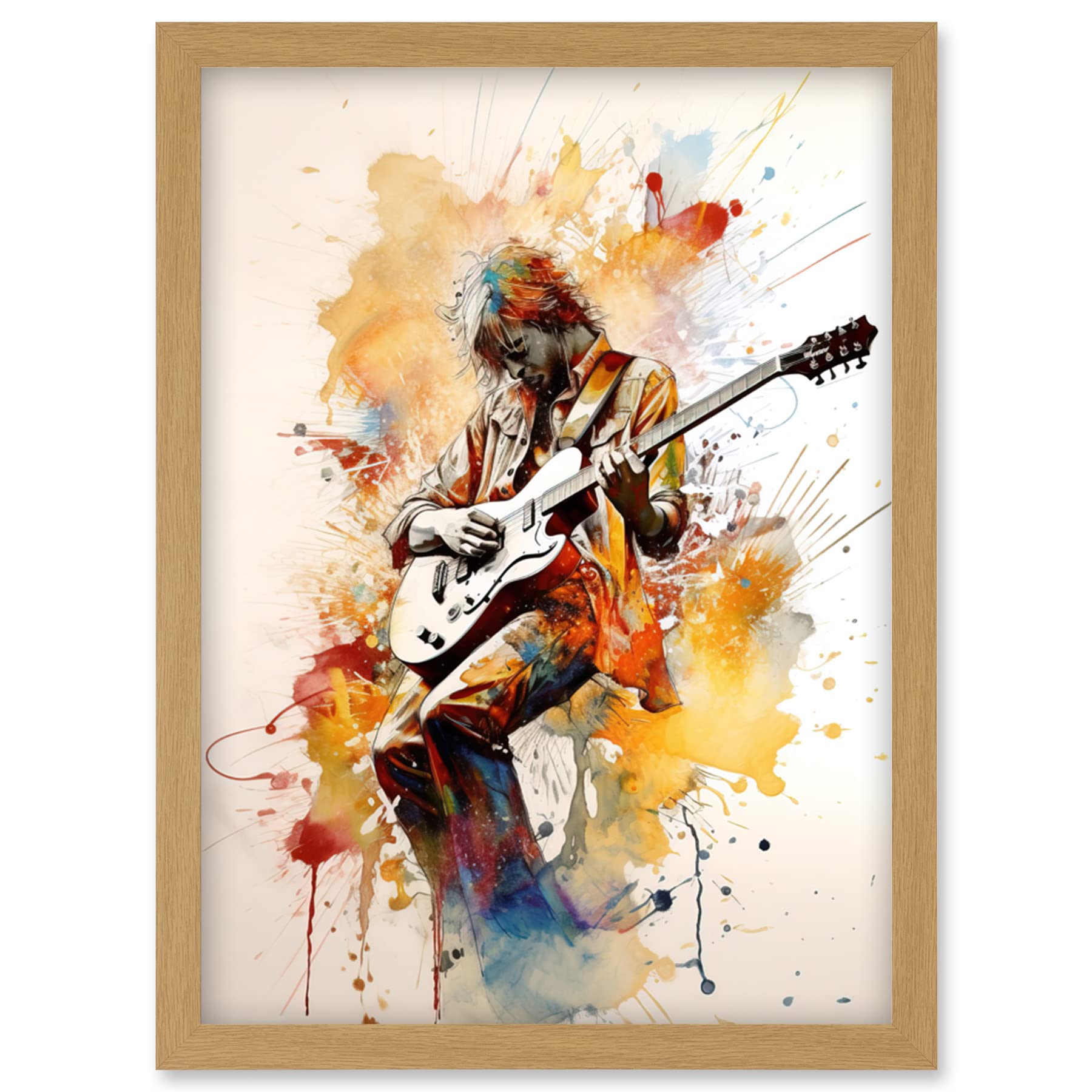 Artery8 Guitarist Musician Playing Solo on Electric Guitar Modern Watercolour Illustration Artwork Framed Wall Art Print A4