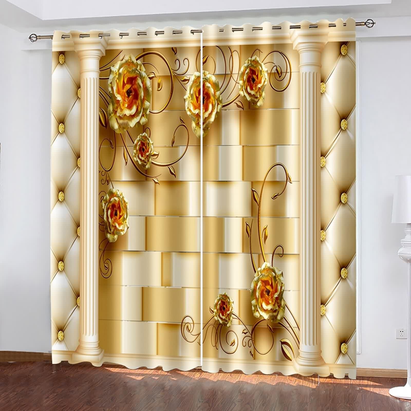 Rideau Chambre Adulte, Rideau Fenetre Or Jaune Polyester Toile de Fond 3D avec des Fleurs 244L x 274H CM Lot de 2