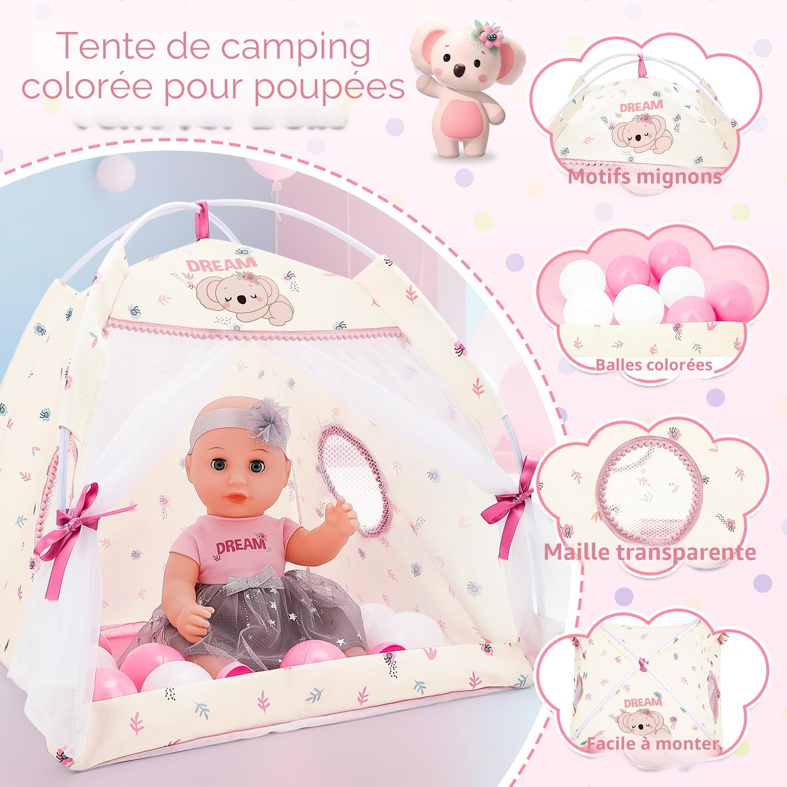 deAO Kit 5 en 1 Accessoire Poupée Pliable Et Transportable avec Poupée 37cm