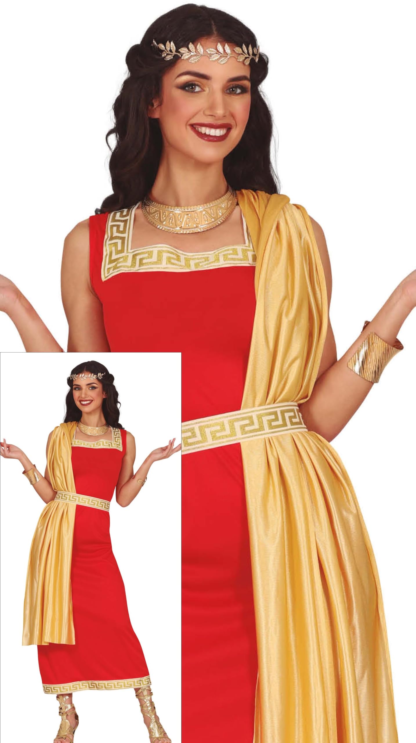 FIESTAS GUIRCA Disfraz de Dama Romana Mujer - Disfraz de Toga Griega Roja y Dorada - Disfraces Griegos para Mujer