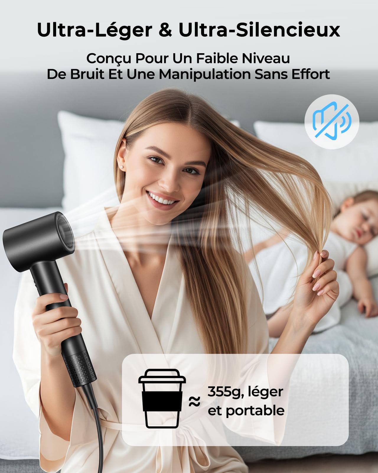 Sèche Cheveux Ionique Professionnel Haute Vitesse 160 000 tr/min Flux d’air 36 m/s 500M Ions Négatifs Silencieux Léger Diffuseur Magnétique