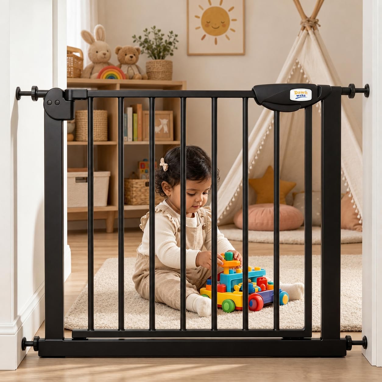 Dawnwake Baby Safety Gate for Door & Stairs, 2 Way Auto Close, Pressure Mounted Safety Gate with Door for Babies, Toddlers & Pets (Black, 110-129cm)-image-45