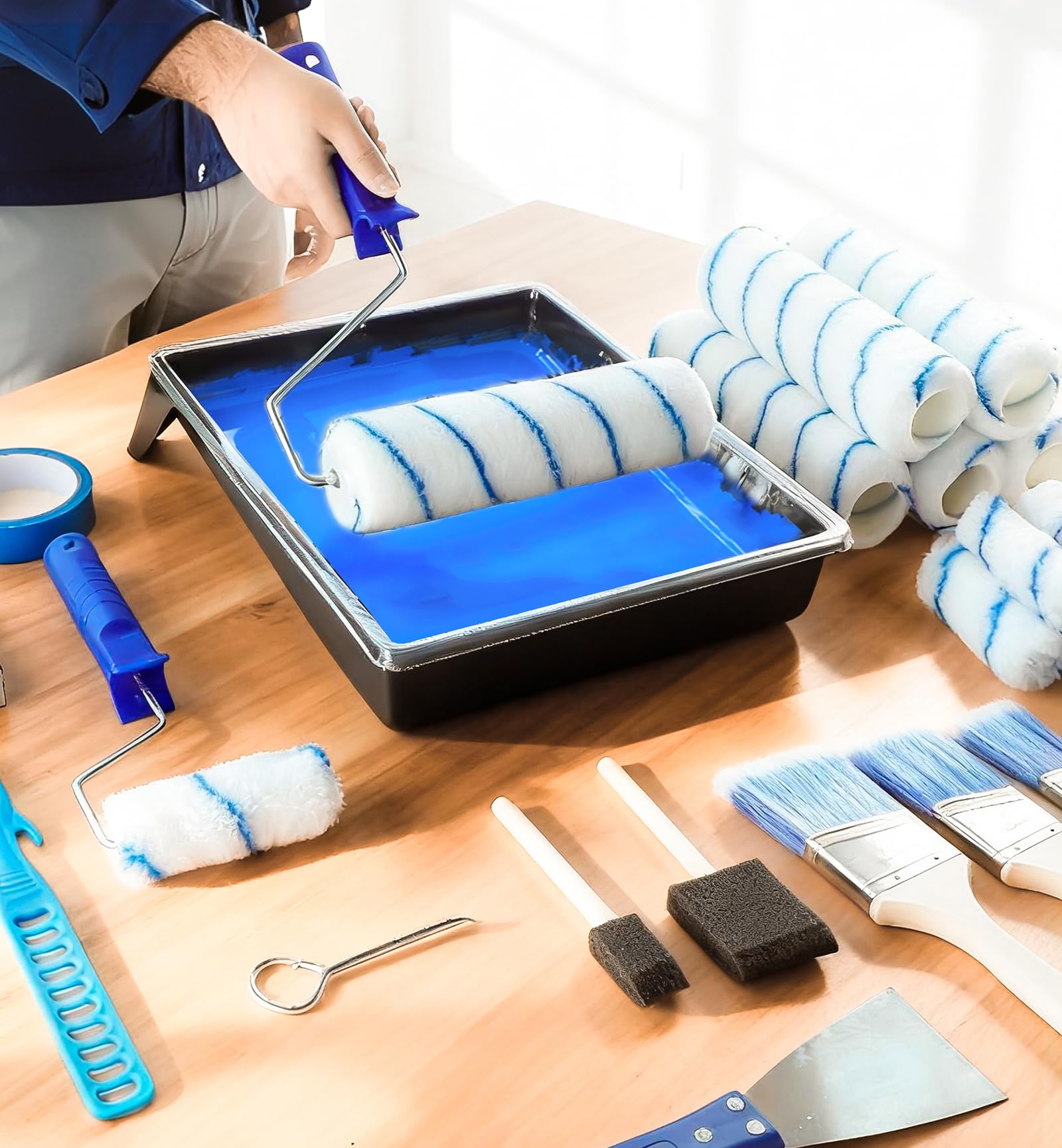 MAXWAVE Farbroller-Set mit Verlängerungsstange, 34-teiliges Set, 10,2 cm und 22,9 cm Farbroller, 4 m bis 1,2 m Stange, Malpinselzubehör für professionelle Hauswand, Latex, Ölfarben und Flecken