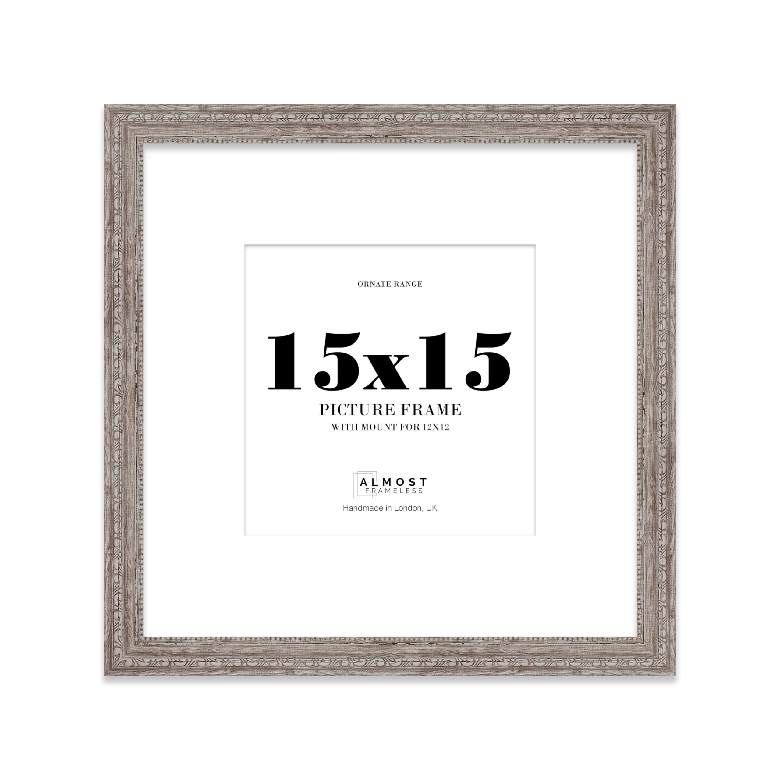 15x15 Walnut Ornate Photo Frame With White Mat For 12x12 Picture, Ready to Hang, 1 Pack
