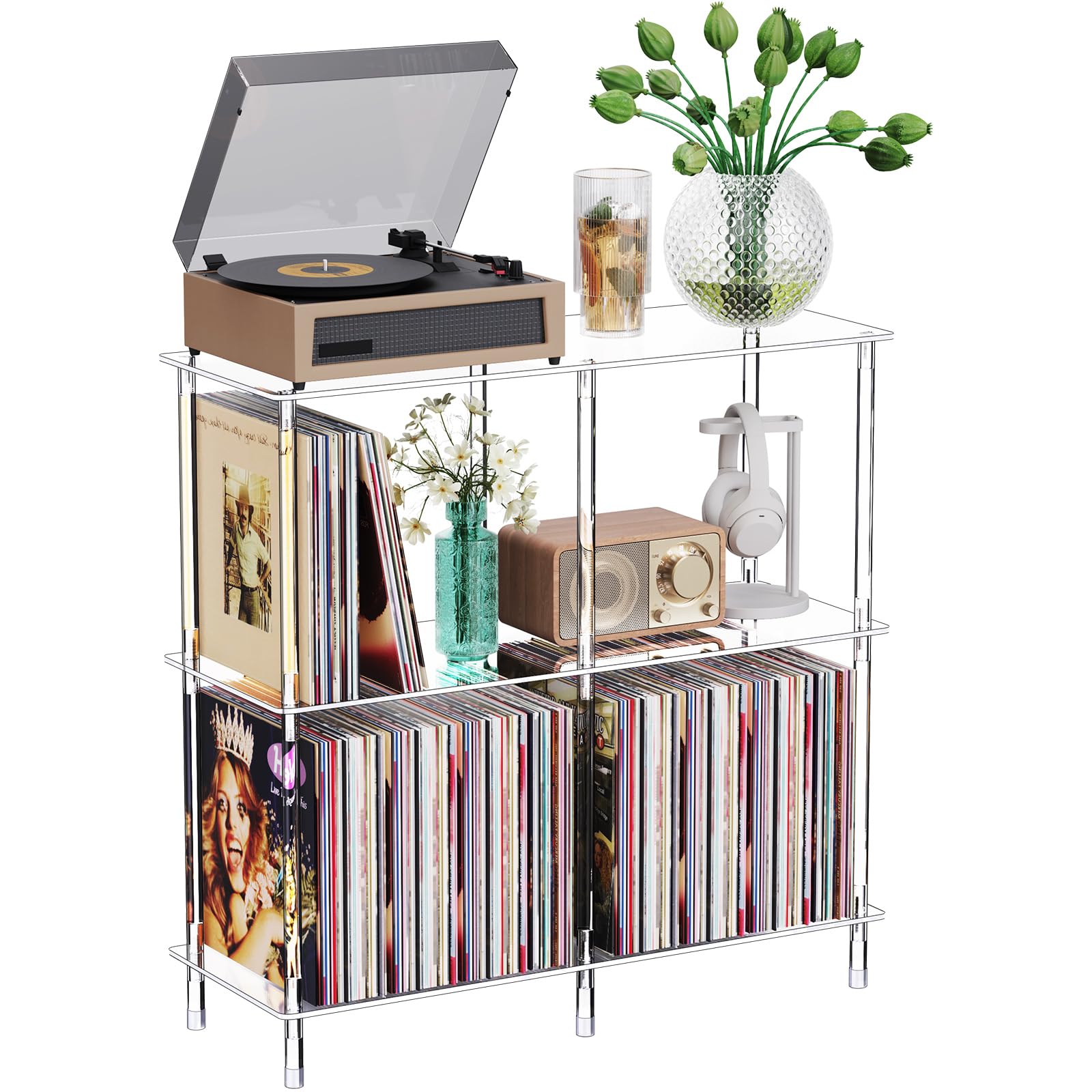 Bekugee Clear Acrylic Record Player Stand with Vinyl Storage, 31.5" L x 11.8" W x 30.7" H, 3 Tier Side Turntable Table with Large Album Shelf, Modern