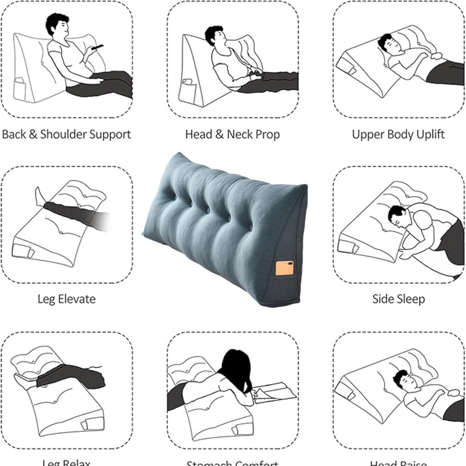 Almohada triangular de lectura, cojín de cuña de color sólido para cama, sofá y dormitorio, almohadilla de respaldo suave de apoyo lumbar, 200 x 50 x 15 cm, ideal para comodidad y relajación