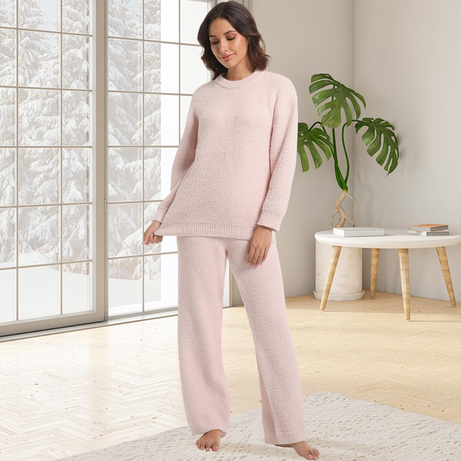 2 Piece Fleece Pajamas for Women Set Loungewear Outfits Knit Sweater Womens Long Sleeve Fuzzy Pajama Sets - Image 5