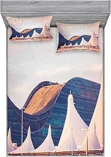 Ambesonne Denver Fitted Sheet & Pillow Sham Set, Real Shot of an Airport Aircraft Location Travel Details Tourist Guide, Decorative Printed 3 Piece Bedding Decor Set, Calking, Dark Indigo Pale Rose