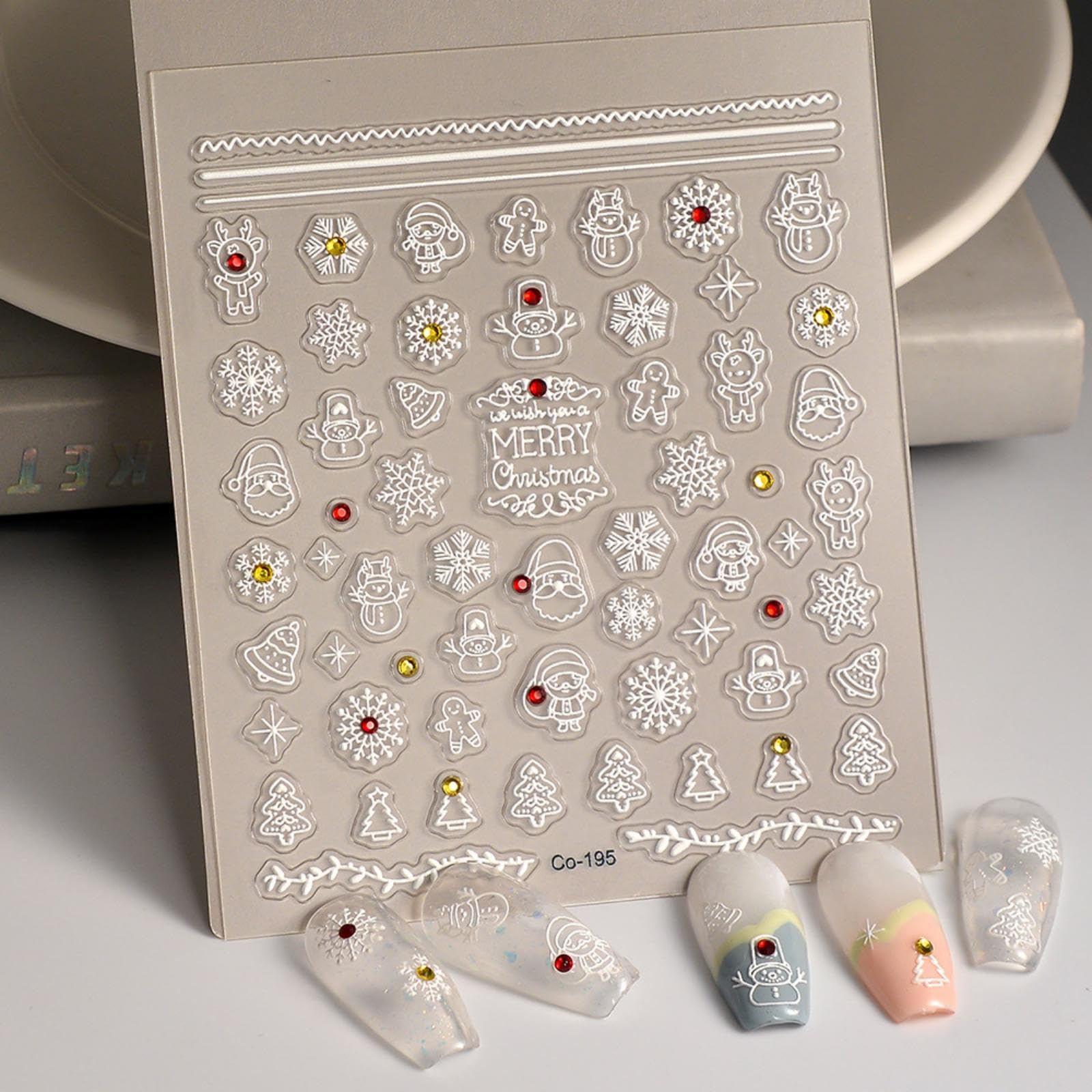 Snowflake Snowman Nail Decals - 5D Embossed Self Adhesive Rhinestone Christmas Tree Stickers for Nail Art Designs - Christmas Supplies