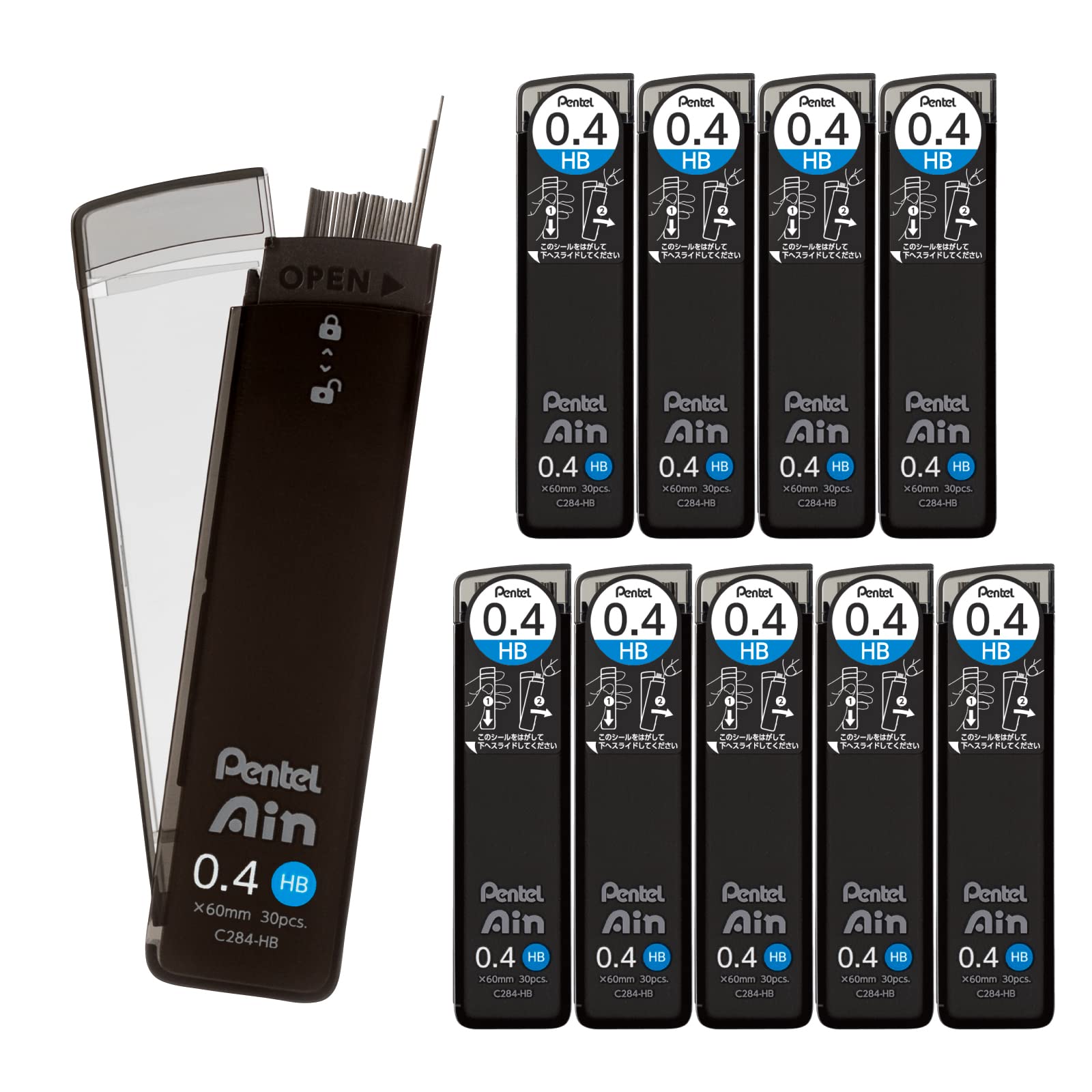 Pentel Ain Lead Refill • 0,4 mm • HB • Caja de 10