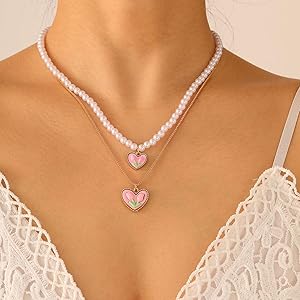 Amazon.com: Gold Tulip Pearl Heart Necklace for Women,Pink Flower