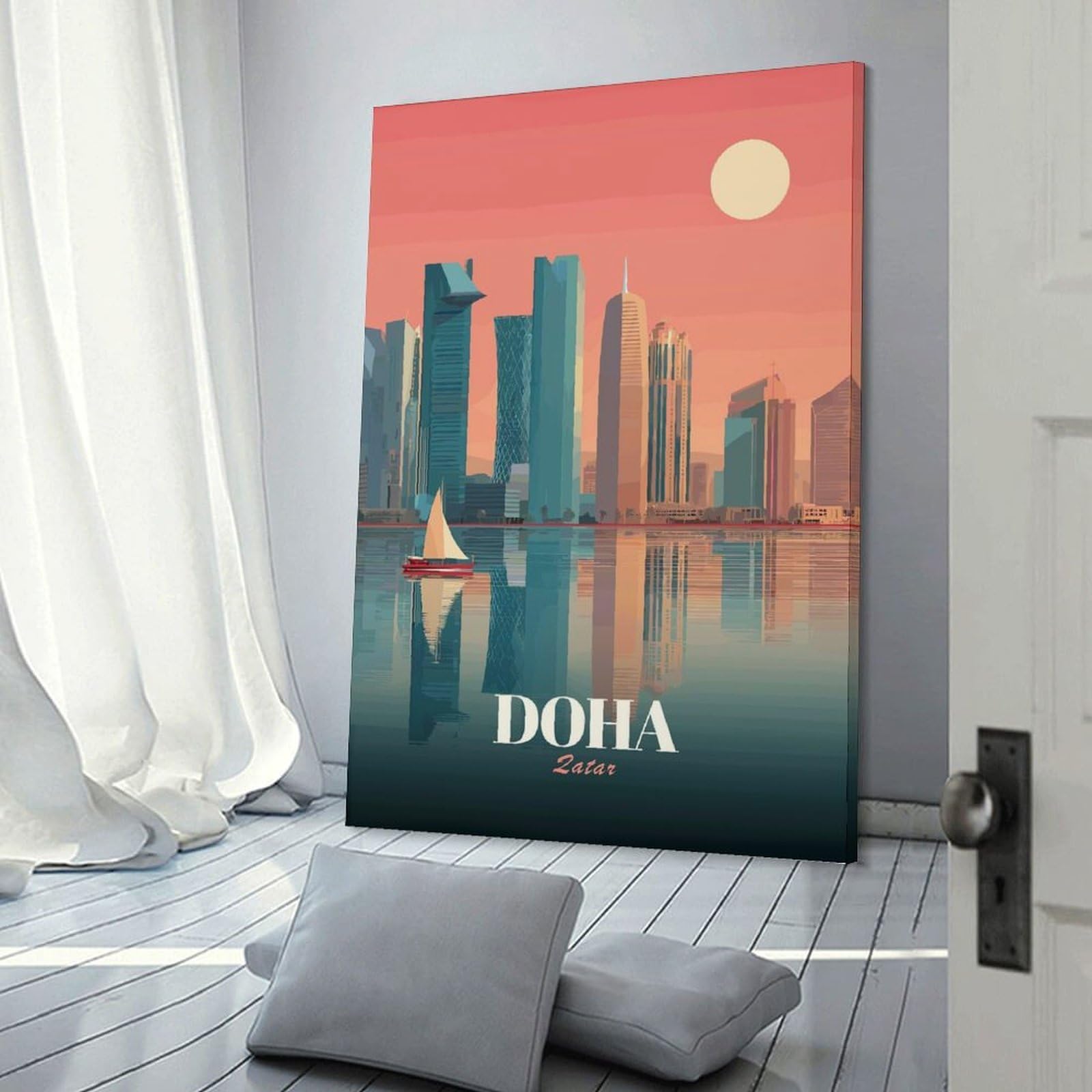 Junmoney Doha Qatar Skyline Illustration Hanging Wall Art, 24x36inch(60x90cm), for Living Room, Bedroom, Office Or Hallway, Decorative Artwork with Broad Appeal