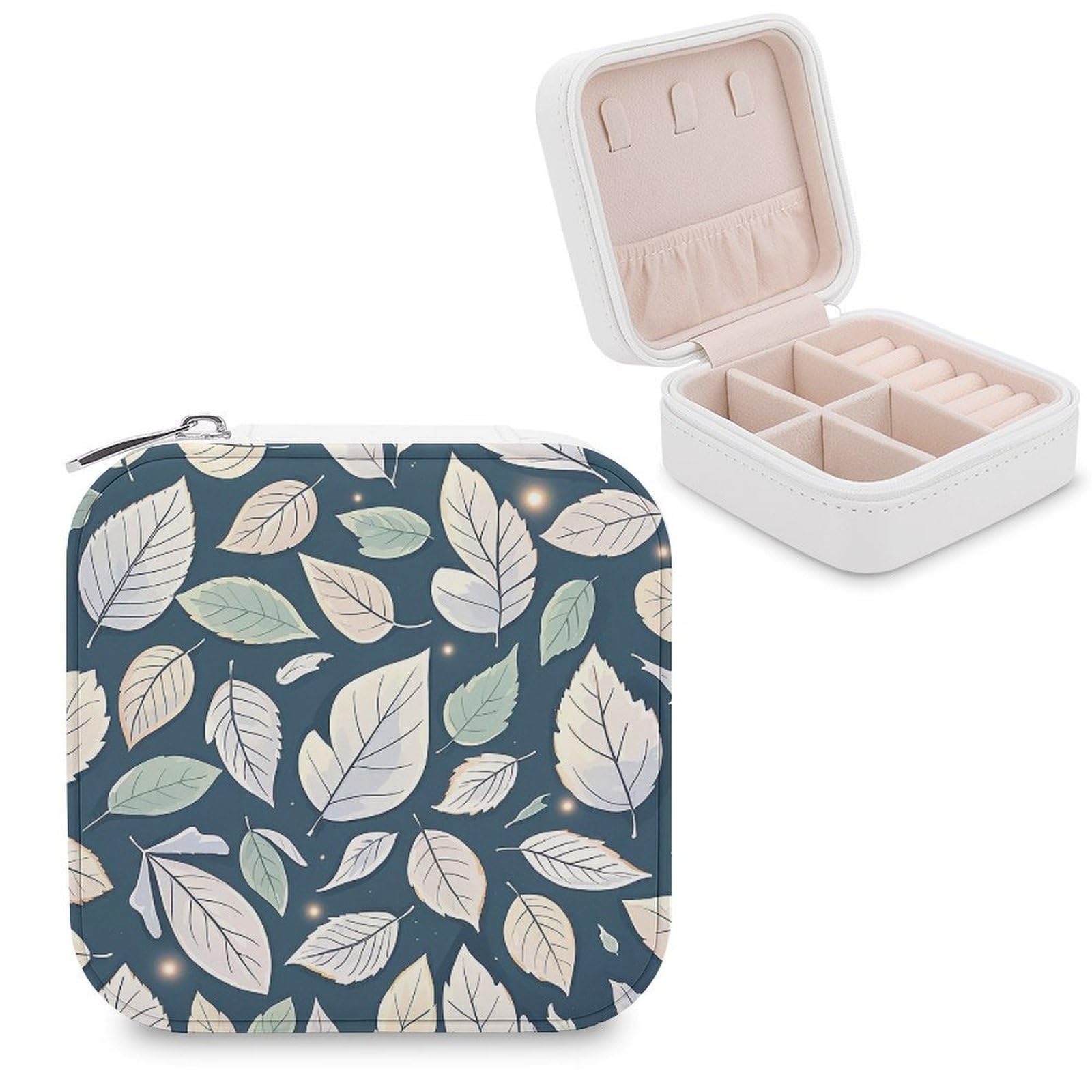 LZQPOEAS White Leaf Pattern Jewelry Box Mini Jewelry Travel Case Trendy Stuff Ring Box Custom PU Leather Jewelry Boxes Portable Jewelry Case Earring Storage Organizer for Girls Women