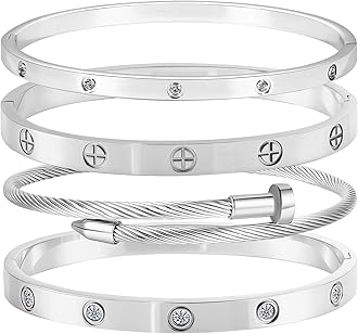 Camhanno Stainless Steel Bangle Bracelet Set for Women - Silver/Gold Love Bangle Non Tarnish Jewelry with Sparkling Crystal Inlay for Love Gifts