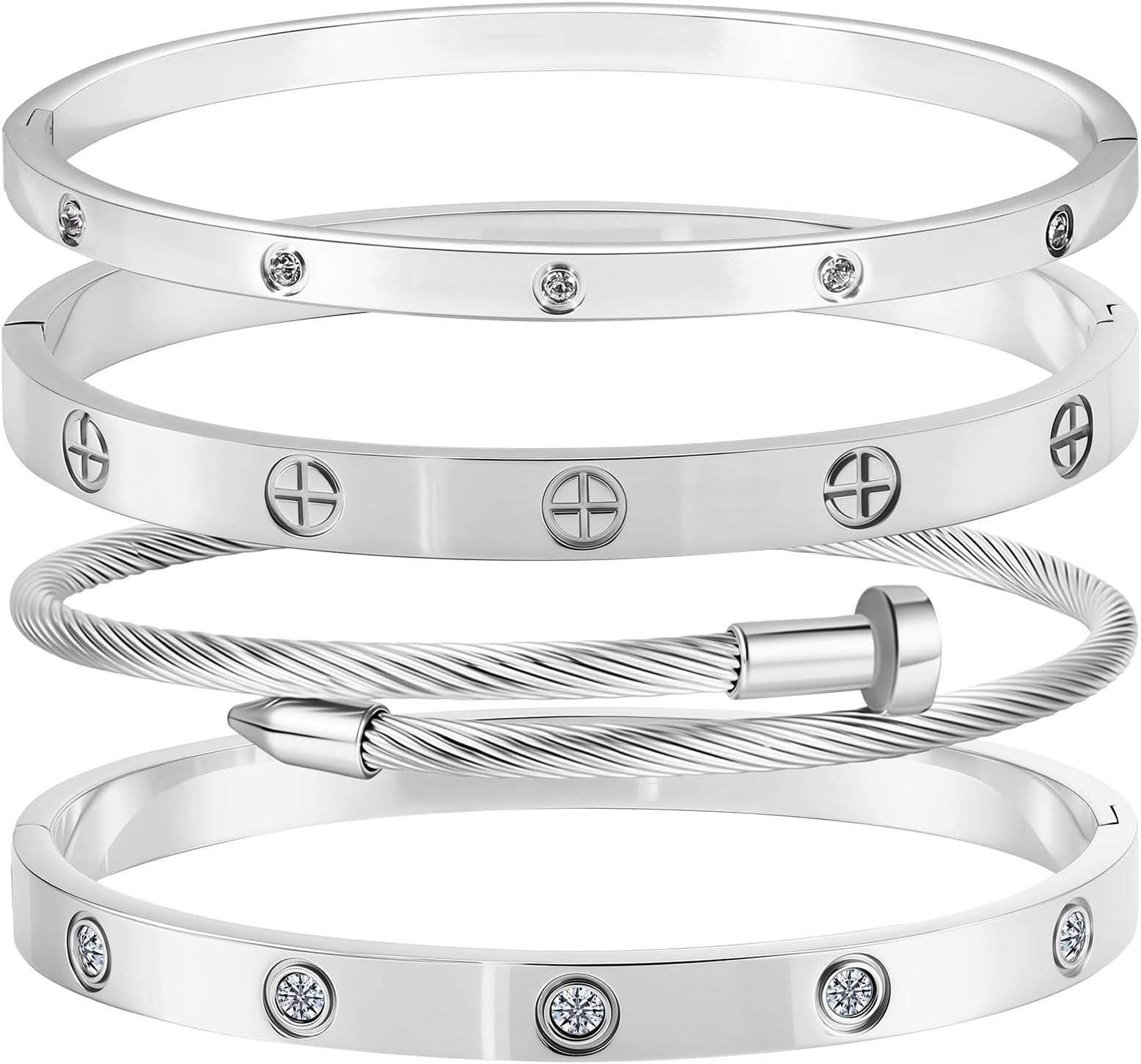 Camhanno Stainless Steel Bangle Bracelet Set for Women - Silver/Gold Love Bangle Non Tarnish Jewelry with Sparkling Crystal Inlay for Love Gifts