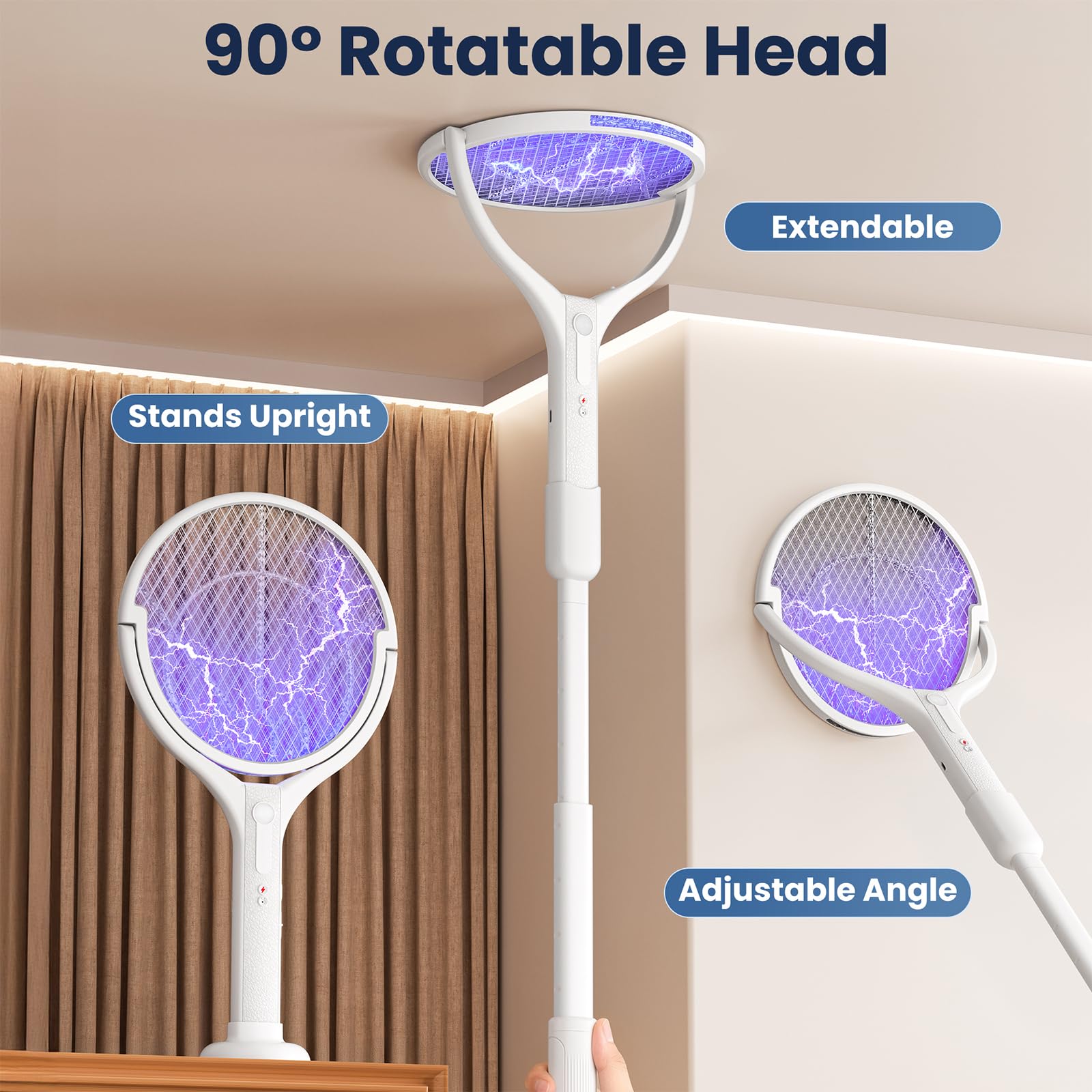 Racchetta Zanzare Elettrica con Asta Telescopica & Testa Rotante, 4000V 1800mAh Racchetta Antizanzare Ricaricabile, Tripla Rete di Protezione, 2 in 1 LED Lampada Zanzare per Interni Esterni