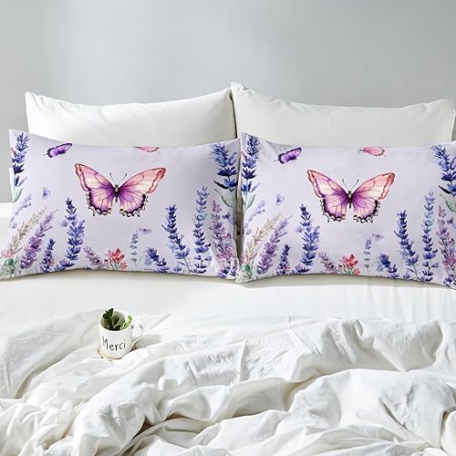 Miniatura 4 de Manfei Juego de funda de edredón de color lavanda, tamaño matrimonial, juego de ropa de cama de 3 piezas con flores moradas y mariposas para niños y