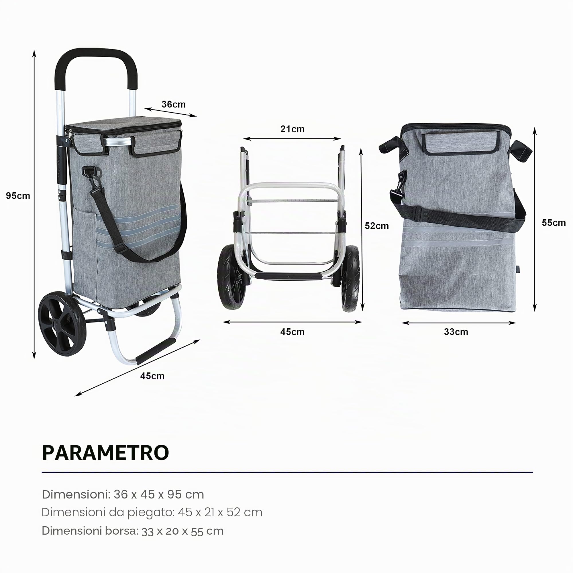 Ribelli Trolley per la spesa, telaio in alluminio, pieghevole, tasche laterali, grande tasca con cerniera e borsa per il ghiaccio, utilizzabile come borsa per il trasporto, fino a 45 kg