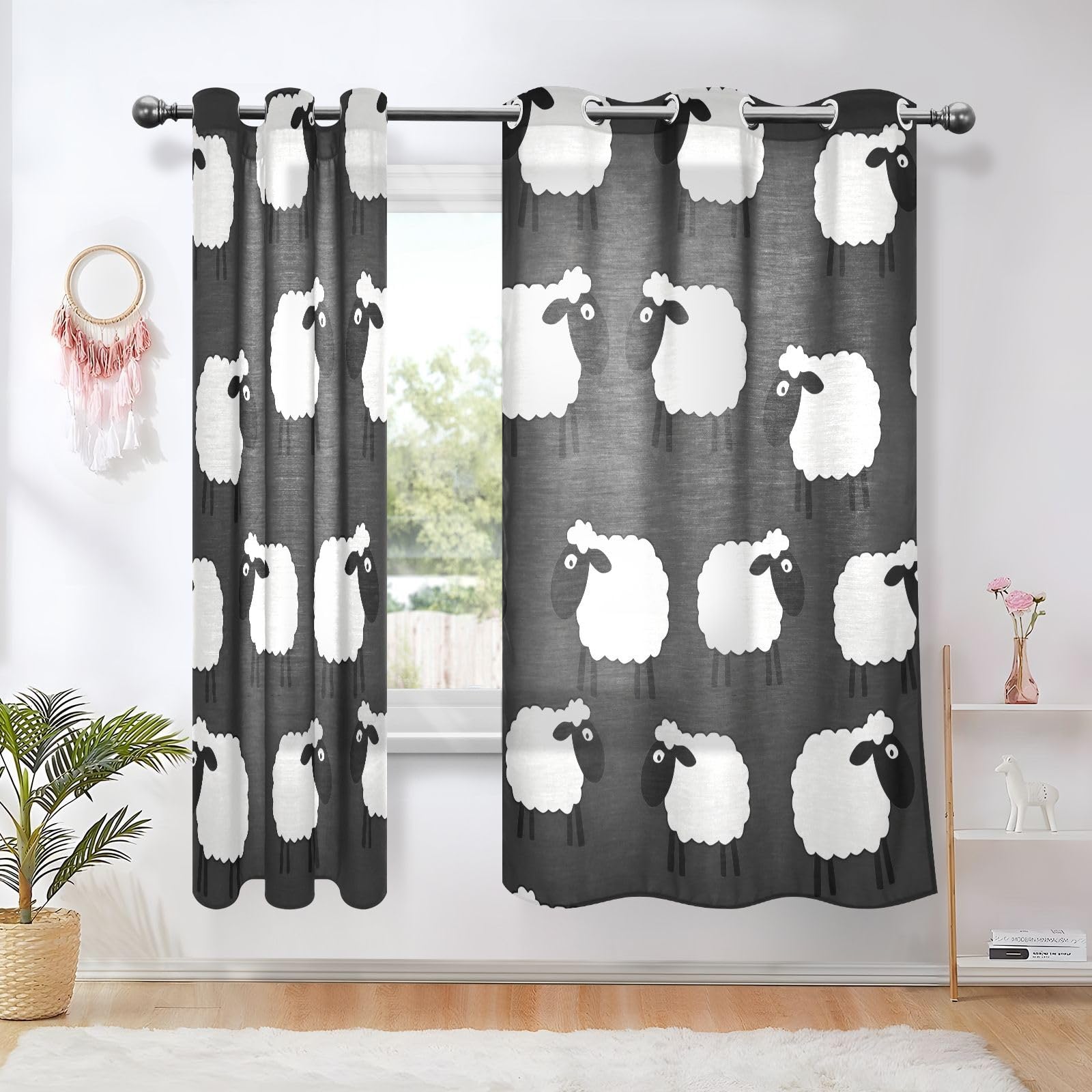 Alzapaños decorativos para cortinas de lino blanco y negro de oveja de 63 pulgadas de largo, ventana de bahía, juego de 2 paneles