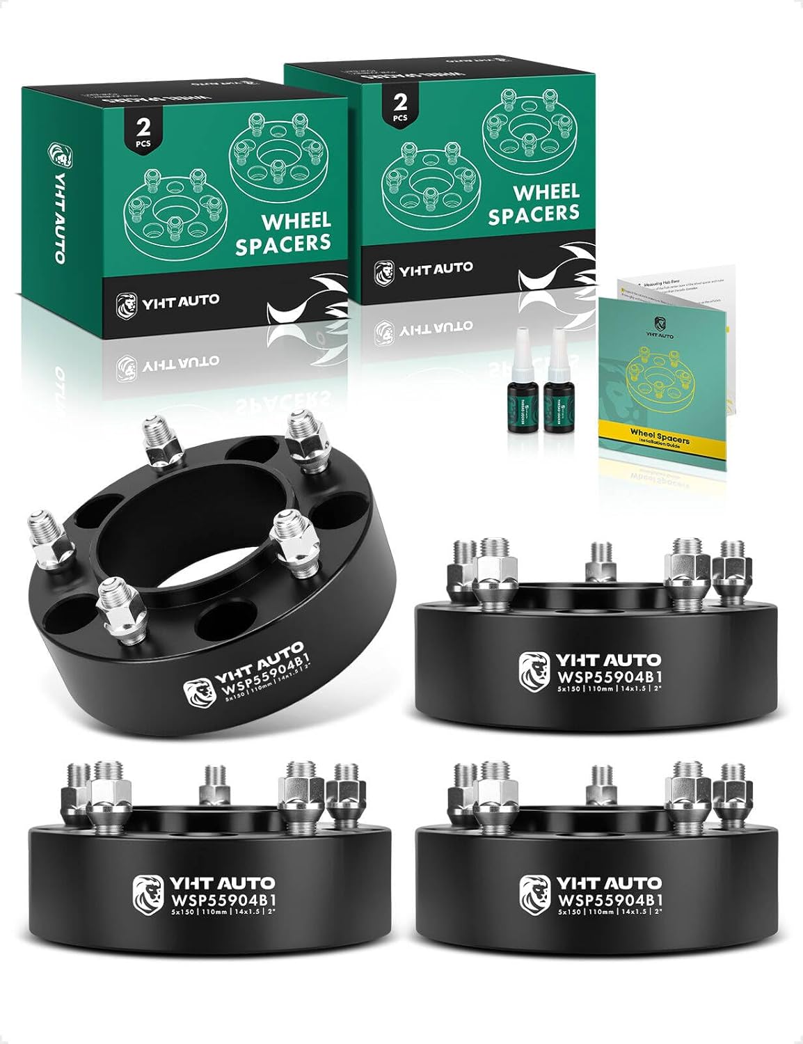 YHTAUTO 5x150mm Hub Centric Wheel Spacers 2 Inch Compatible with Toyota Tundra, Sequoia, Land Cruiser, Lexus LX470 Models Tire Spacers w/ M14x1.5 Studs 110mm Hub Bore 5 Lug 4PCS Black