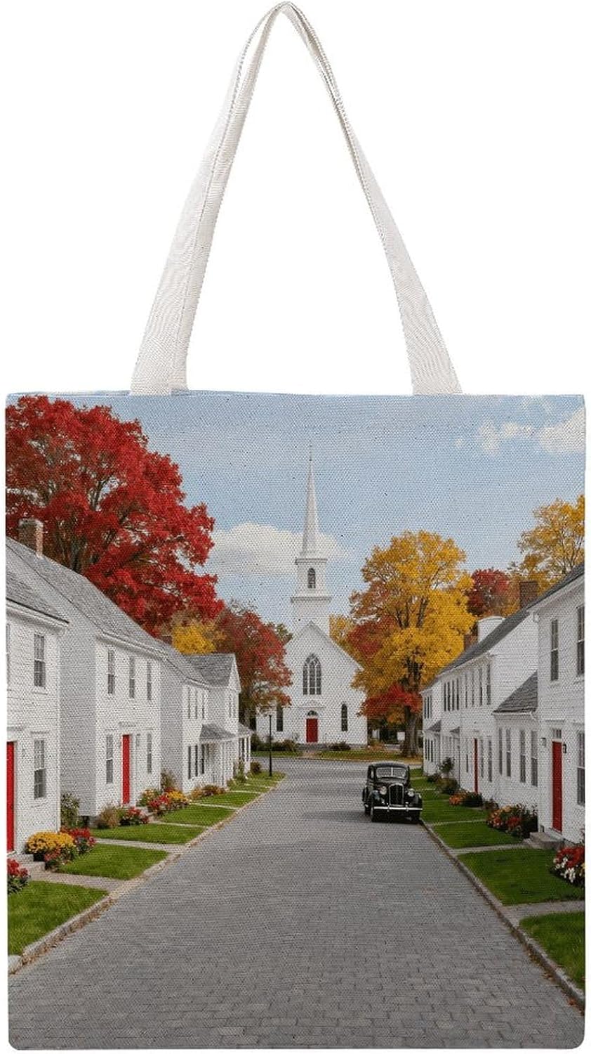 New England Town Canvas Tote Bag Reusable Grocery Bags Foldable Soft Cotton Shoulder Carry Bag