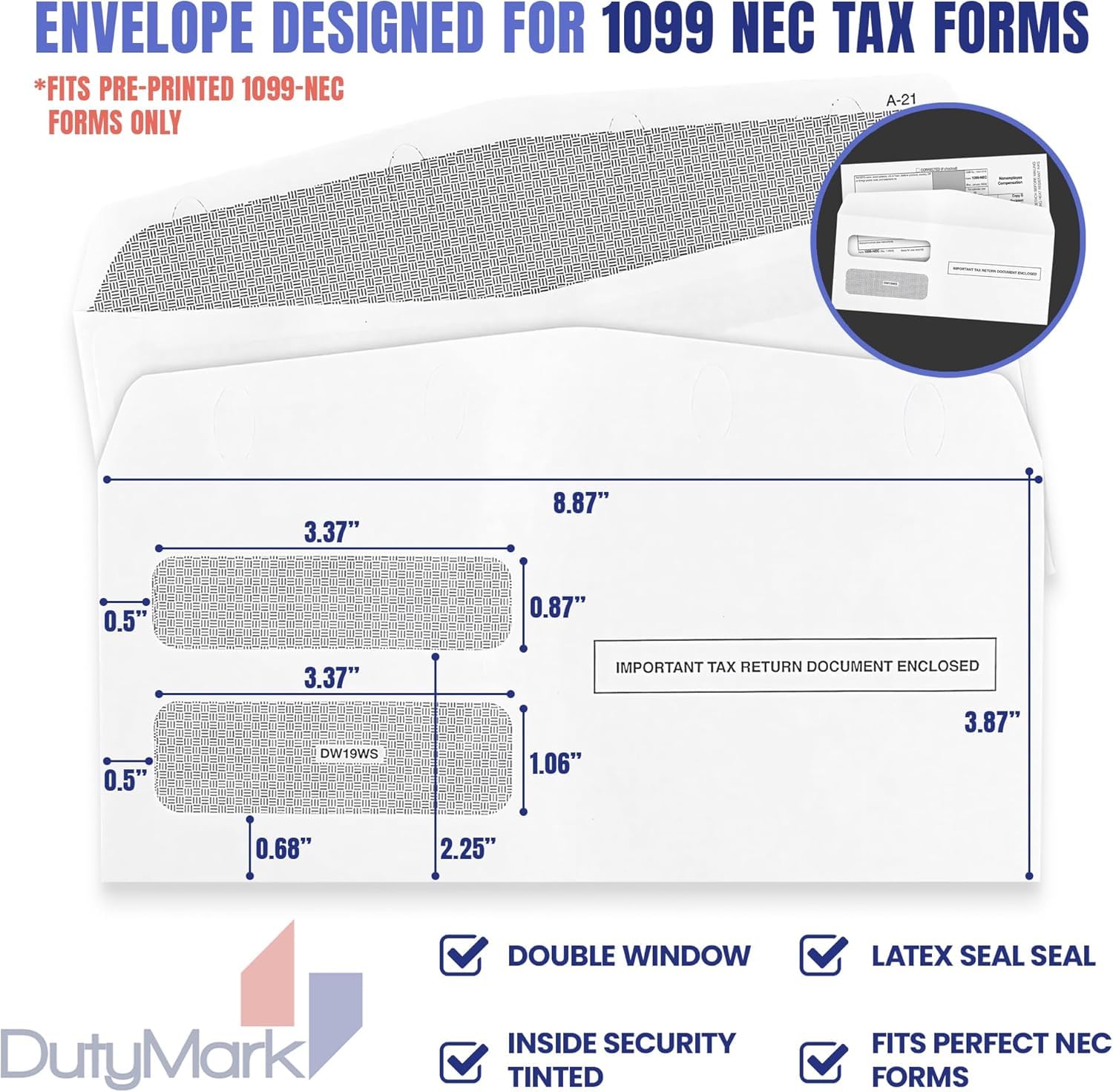 1099 NEC sobres de formulario de impuestos, diseñados para formularios impresos 1099 NEC 2022, autosellado, doble ventana, tintado de seguridad,