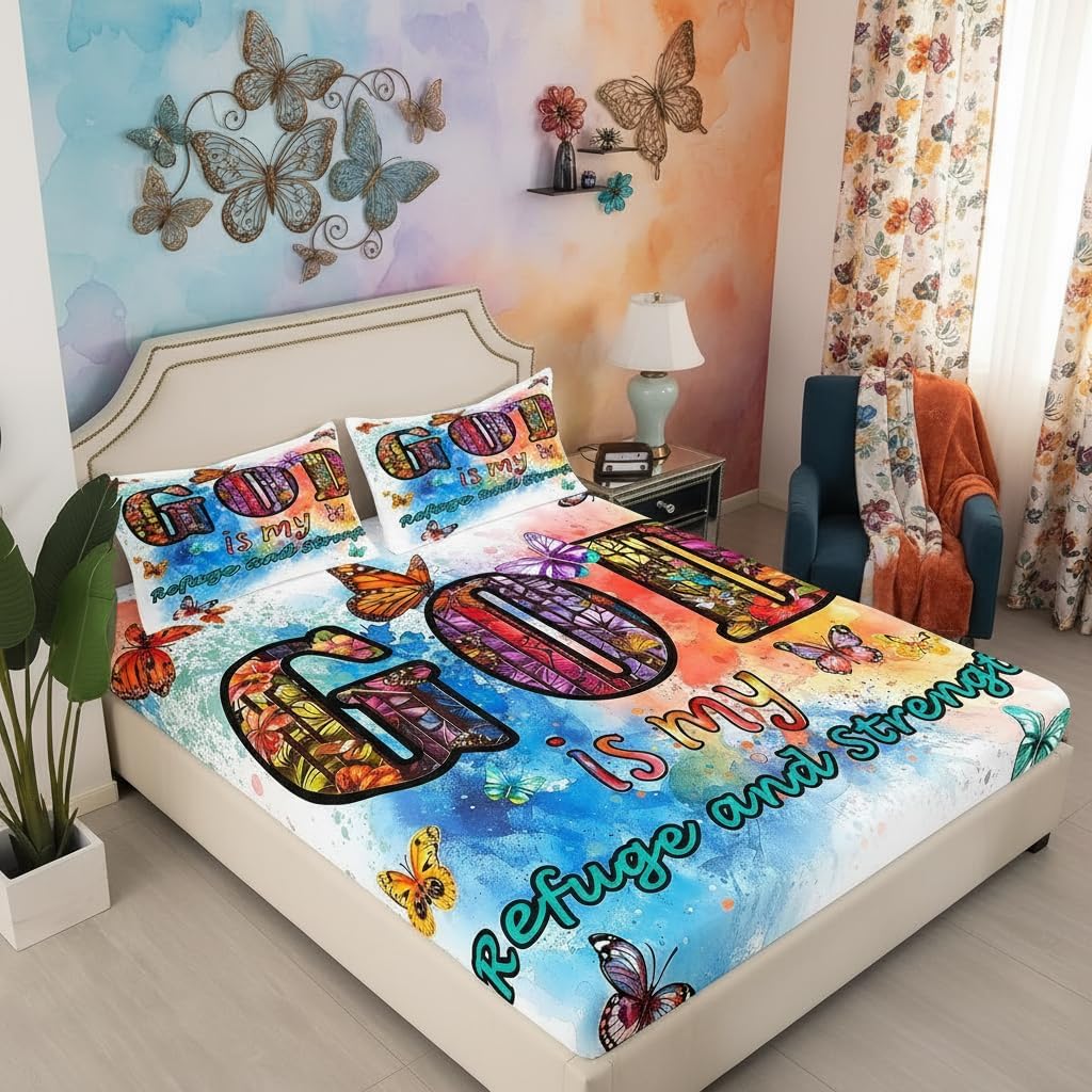 Bible Verses Christian Quotes Fitted Sheet Queen Size,Rainbow Tie Dye Bedding Set for Kids Teens Women Men Room Decor,Watercolor Butterfly Floral Bed Sheet Fashion Deep Pocket Sheet,2 Pillowcases
