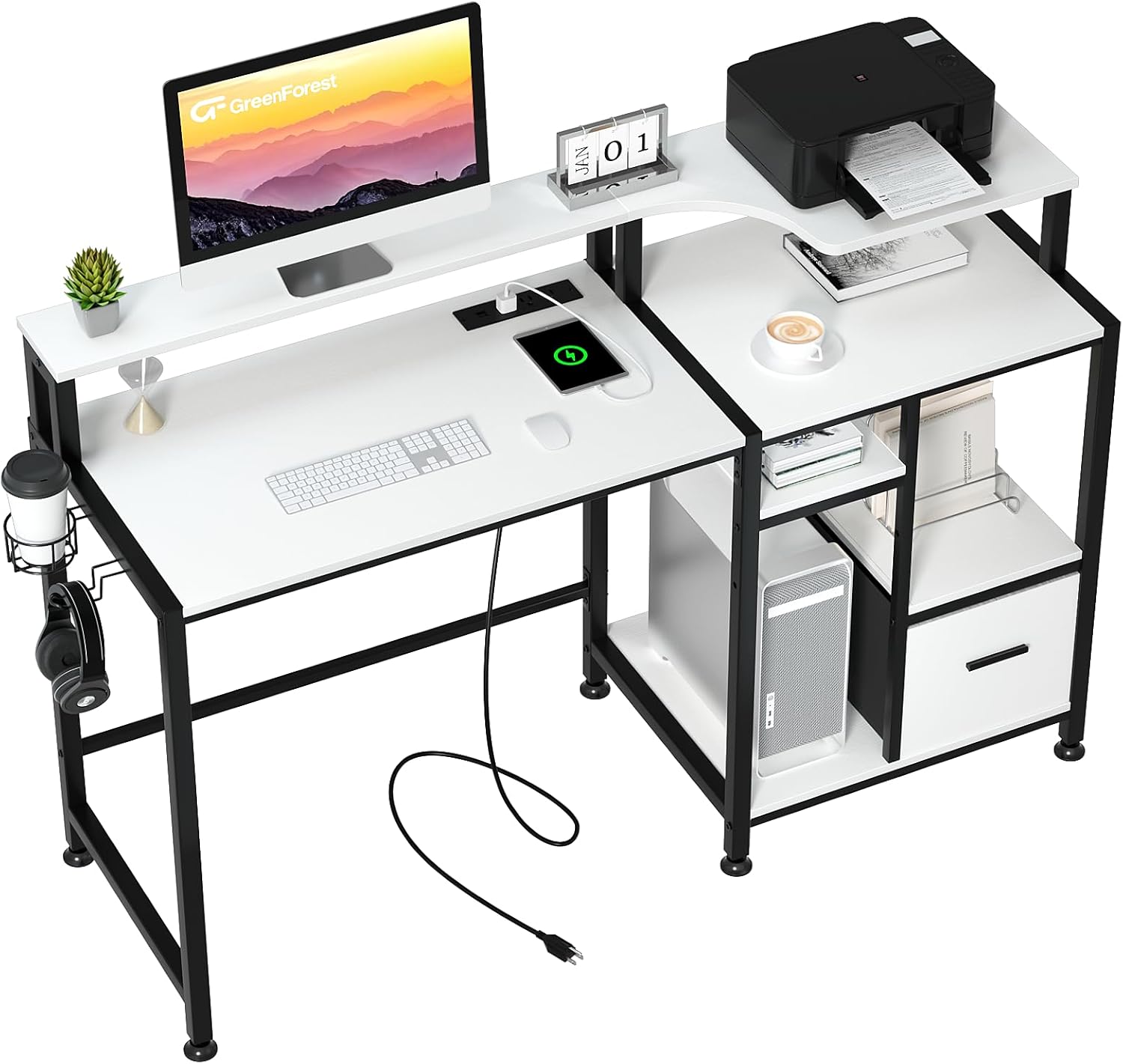 GreenForest Computer Desk with Drawers and Power Outlet, 55