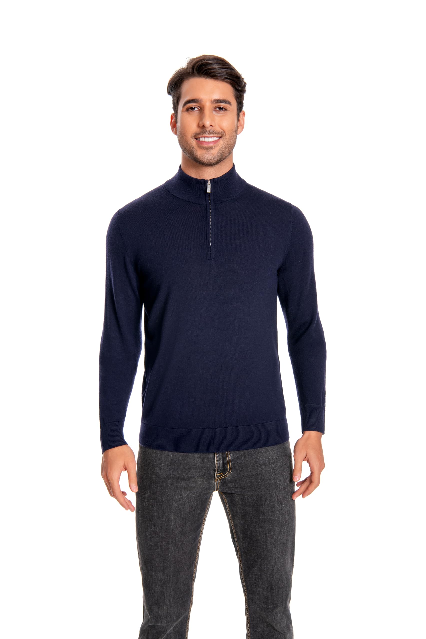 WOSICA Men's 100% Extrafine Merino Wool Long Sleeve Mock Neck Jumper (Navy S)
