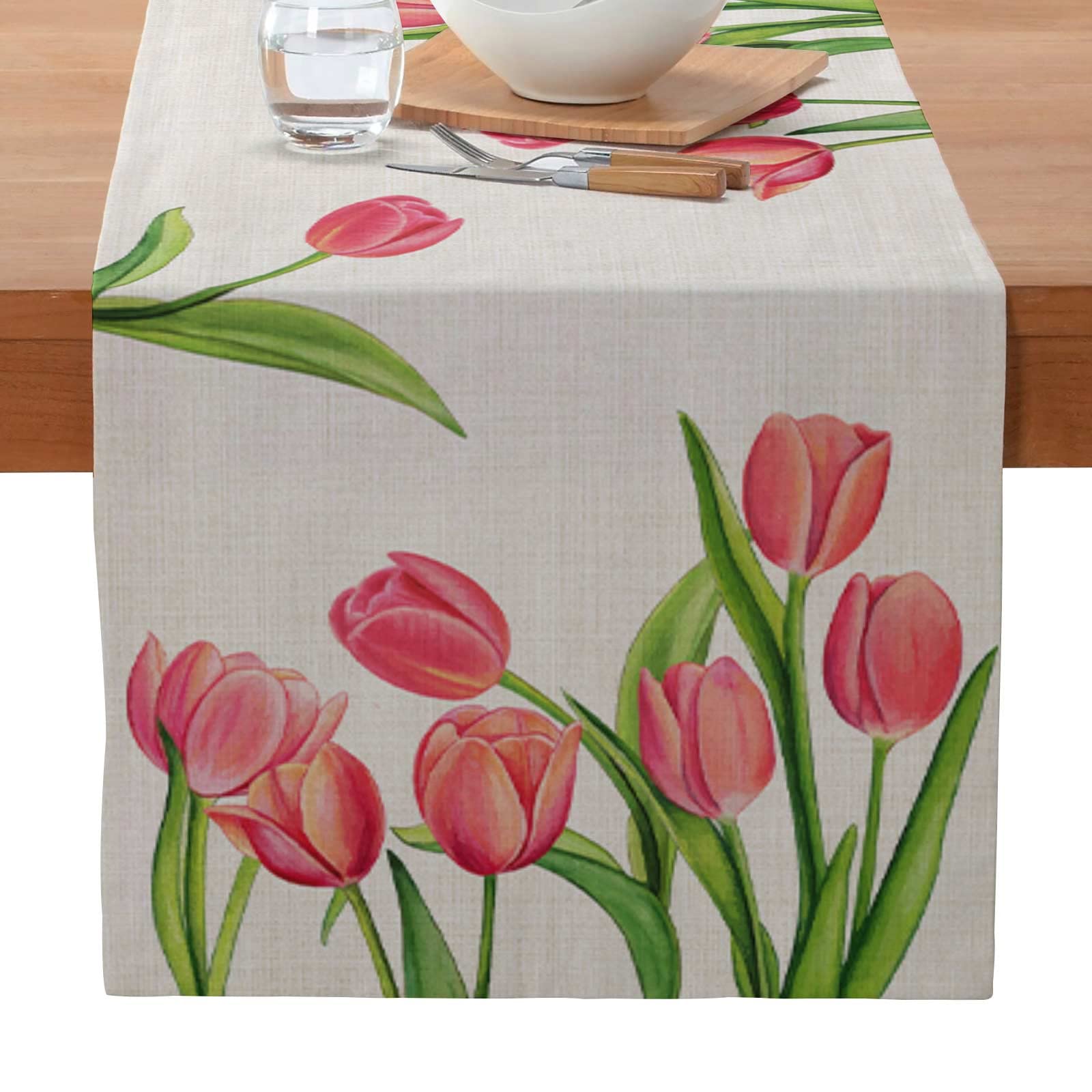 Litinliv Runner da Tavolo, Floreale Runner da Tavolo, Stampa con Tulipani Papillon, Tovaglia in Lino, Decorazione Primaverili Estate per Tavolo per Interni ed Esterni, Feste, Cucina 40x140CM (B