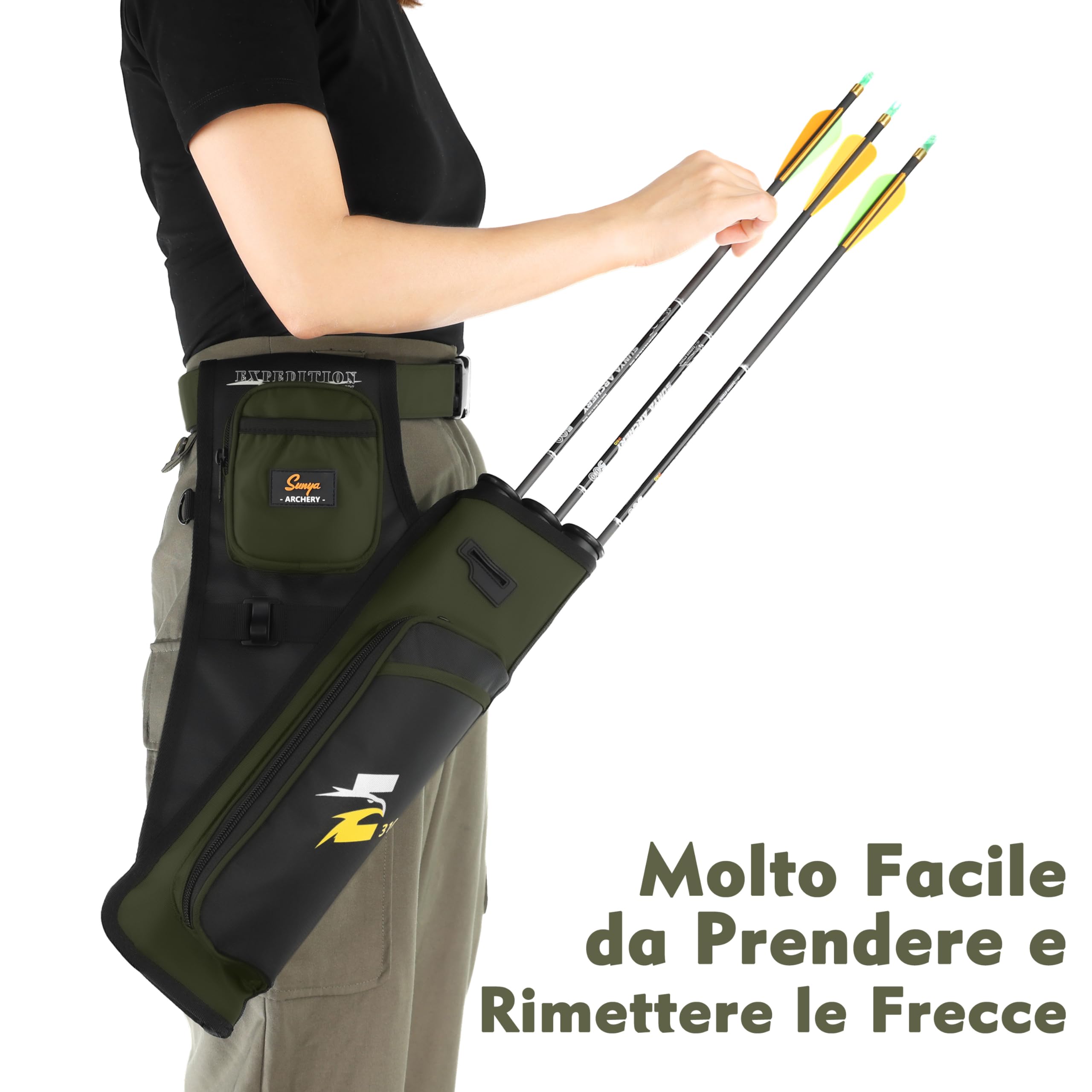 Sunya faretra per frecce Arco. Include 3 Tubi portafrecce, Tasche per Accessori e Cintura. Adatto per Archi Compound e recurve.