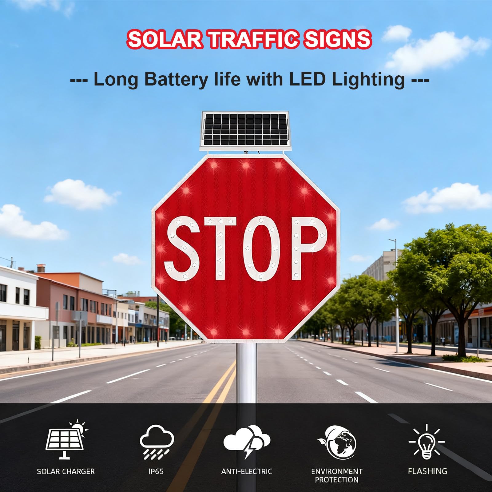 Señal Vial Stop Metálica Termolacada 30" con Iluminación LED Solar Intermitente y Película Reflectante Industrial, Señal Vial Calzada, Esencial para Calzadas