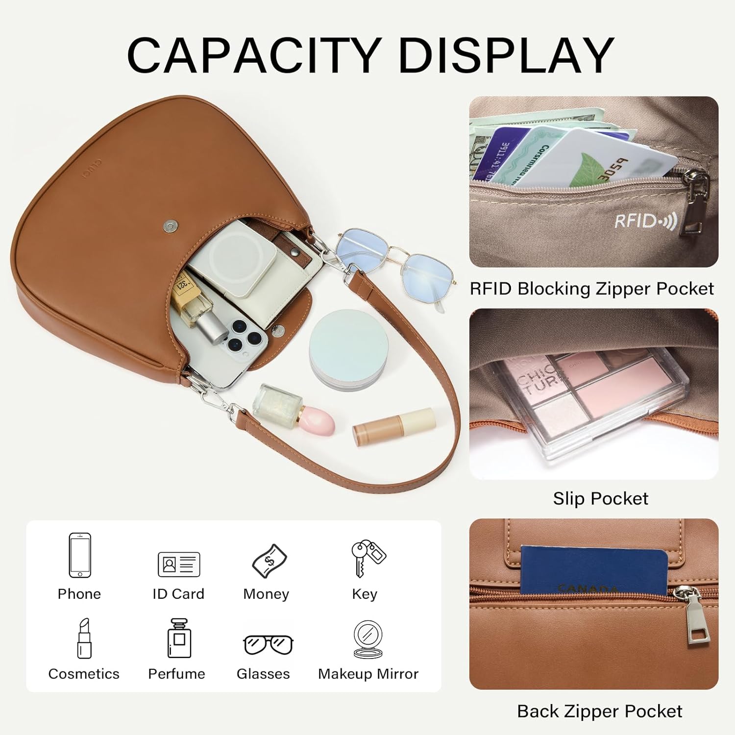 CLUCI Shoulder Bag for Women, RFID Blocking Purse Vegan Leather Hobo Handbags with Adjustable Strap Anti Theft Crossbody Bag - Image 4