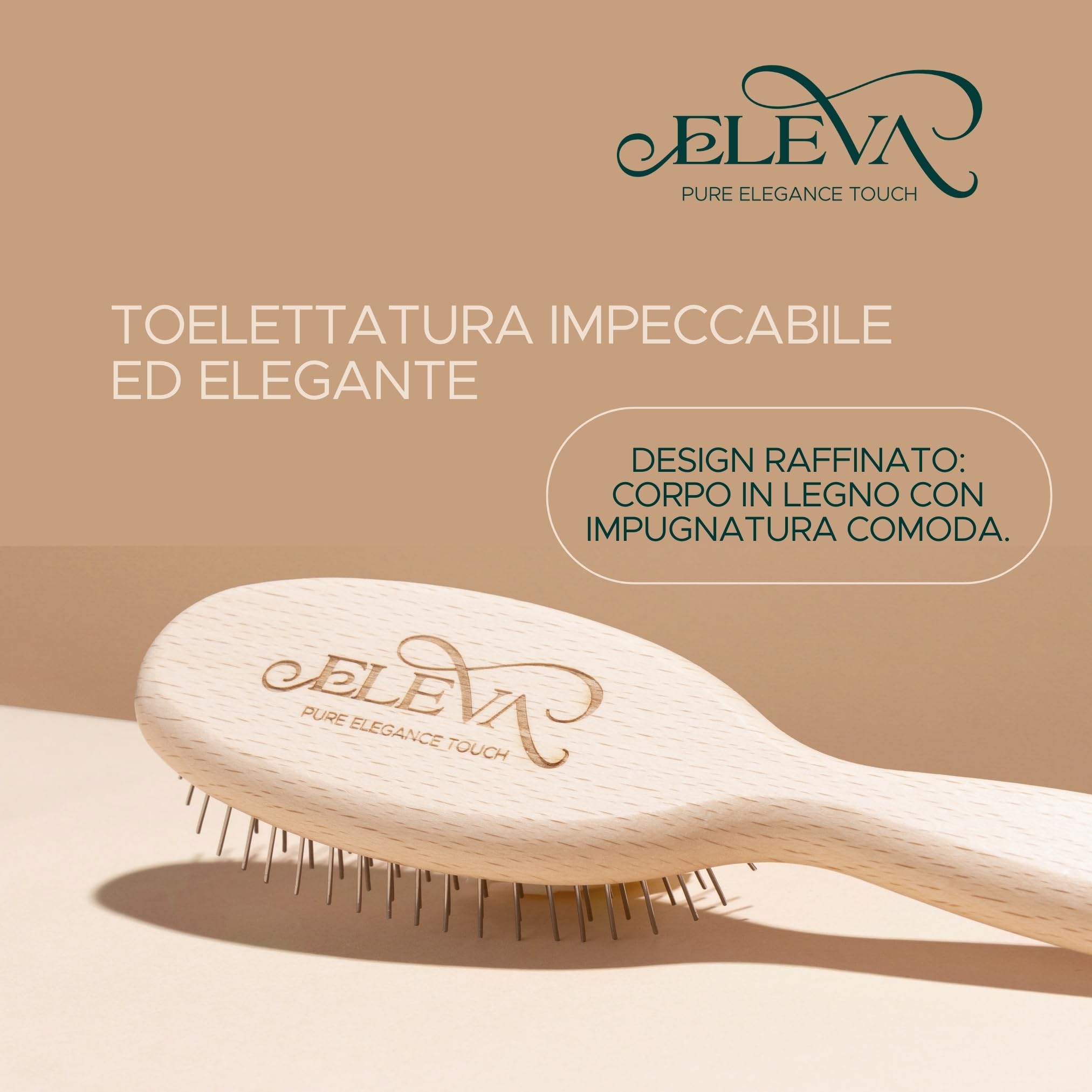 ELEVA PET - Spazzola per Cani in Legno - Denti in Acciaio - Toelettatura Professionale - Rimuove Nodi Senza Sforzo - per Pelo Lungo e Semilungo - Mantiene il Manto Pulito e Luminoso - Made in Italy
